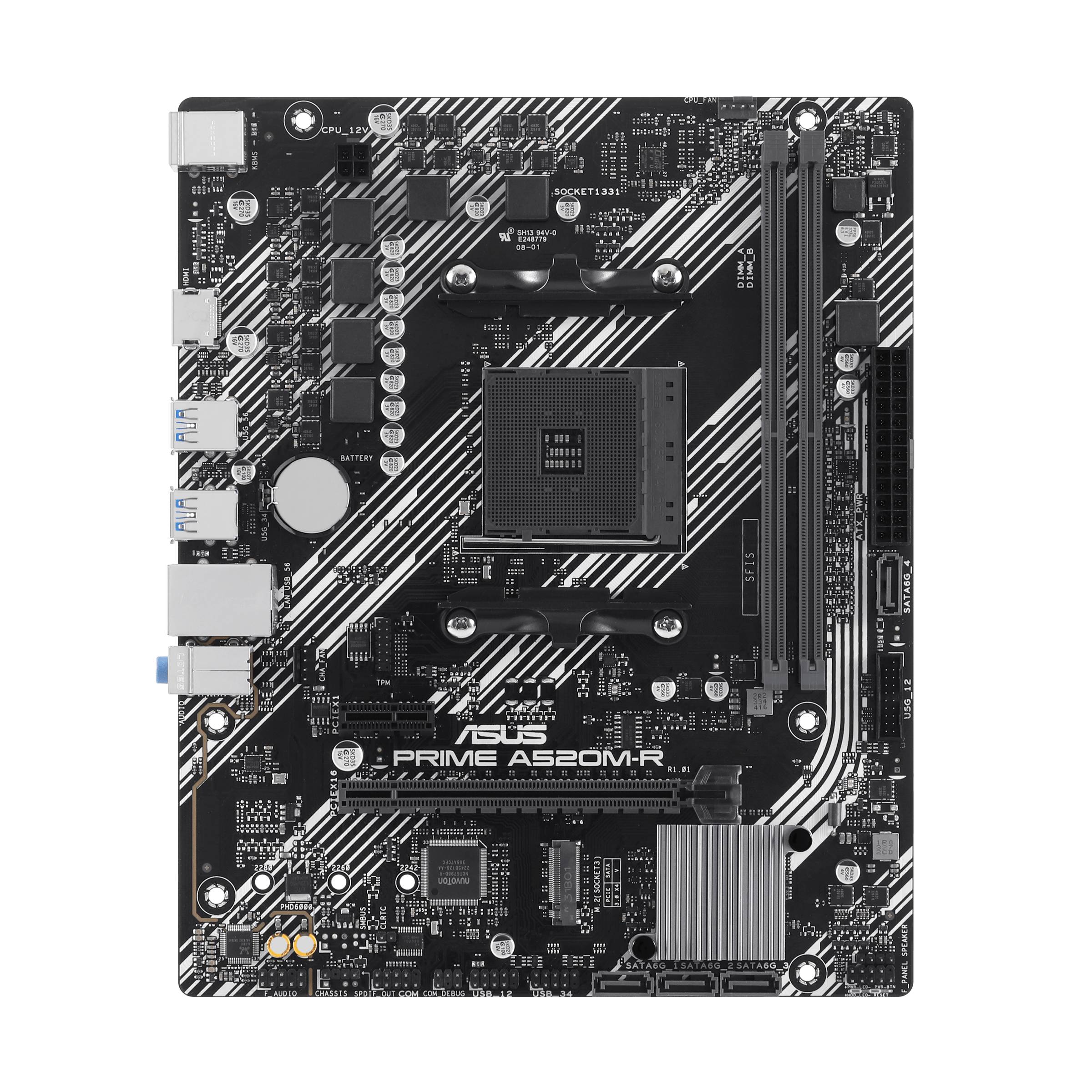ASUS PRIME A520M-R Motherboard von oben gezeigt, mit CPU-Sockel, RAM-Steckplätzen, PCIe-Steckplatz, hinteren Anschlüssen und gedruckten Platinenbeschriftungen.
