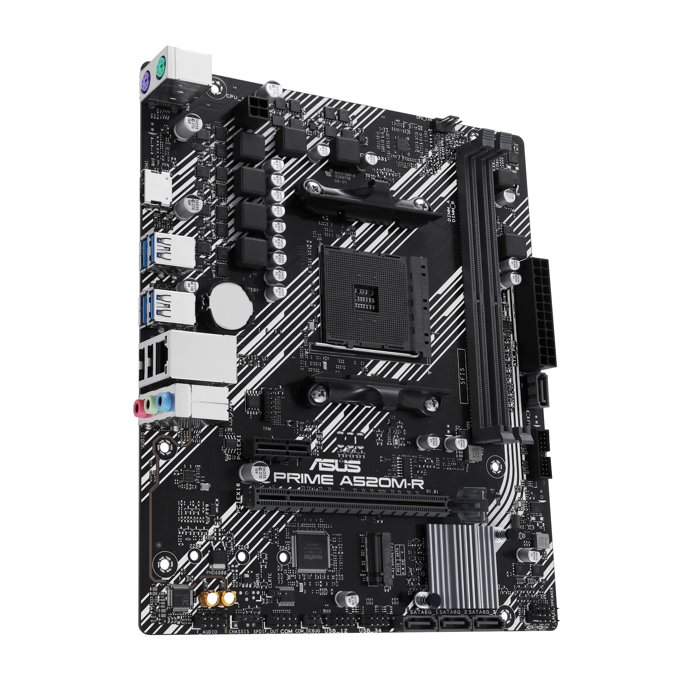 ASUS PRIME A520M-R Motherboard, frontal dargestellt mit CPU-Sockel, RAM-Steckplätzen, Erweiterungssteckplätzen, hinteren E/A-Anschlüssen und schwarz-weiß gestreifter Leiterplatte.