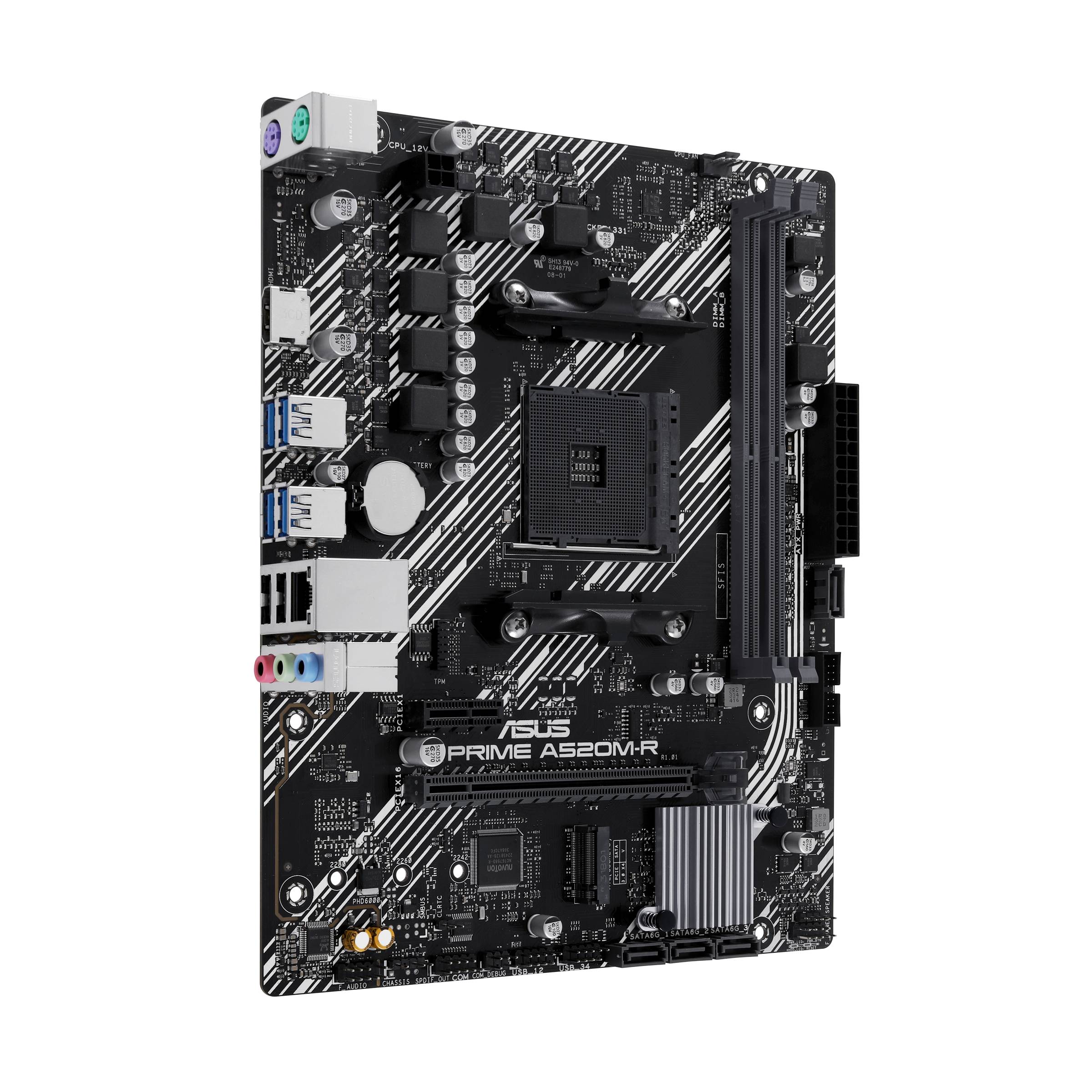 ASUS PRIME A520M-R Mainboard auf schwarzem Hintergrund gezeigt, mit CPU-Sockel, RAM-Steckplätzen, Erweiterungssteckplätzen und hinteren E/A-Anschlüssen sichtbar.