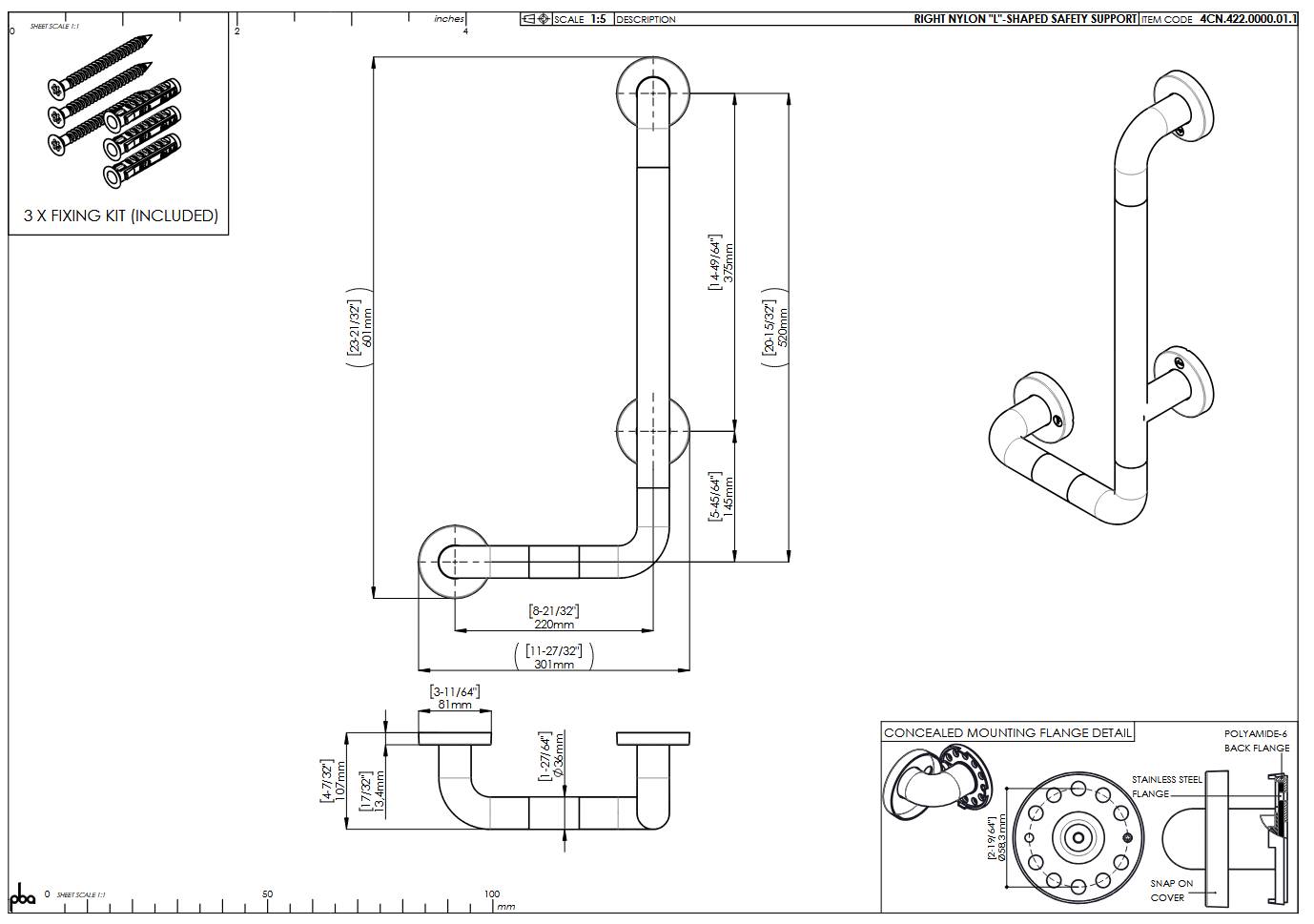 pba 01 Sicherheitsgriff,rechts 220x520mm, L-Form, aus Nylon