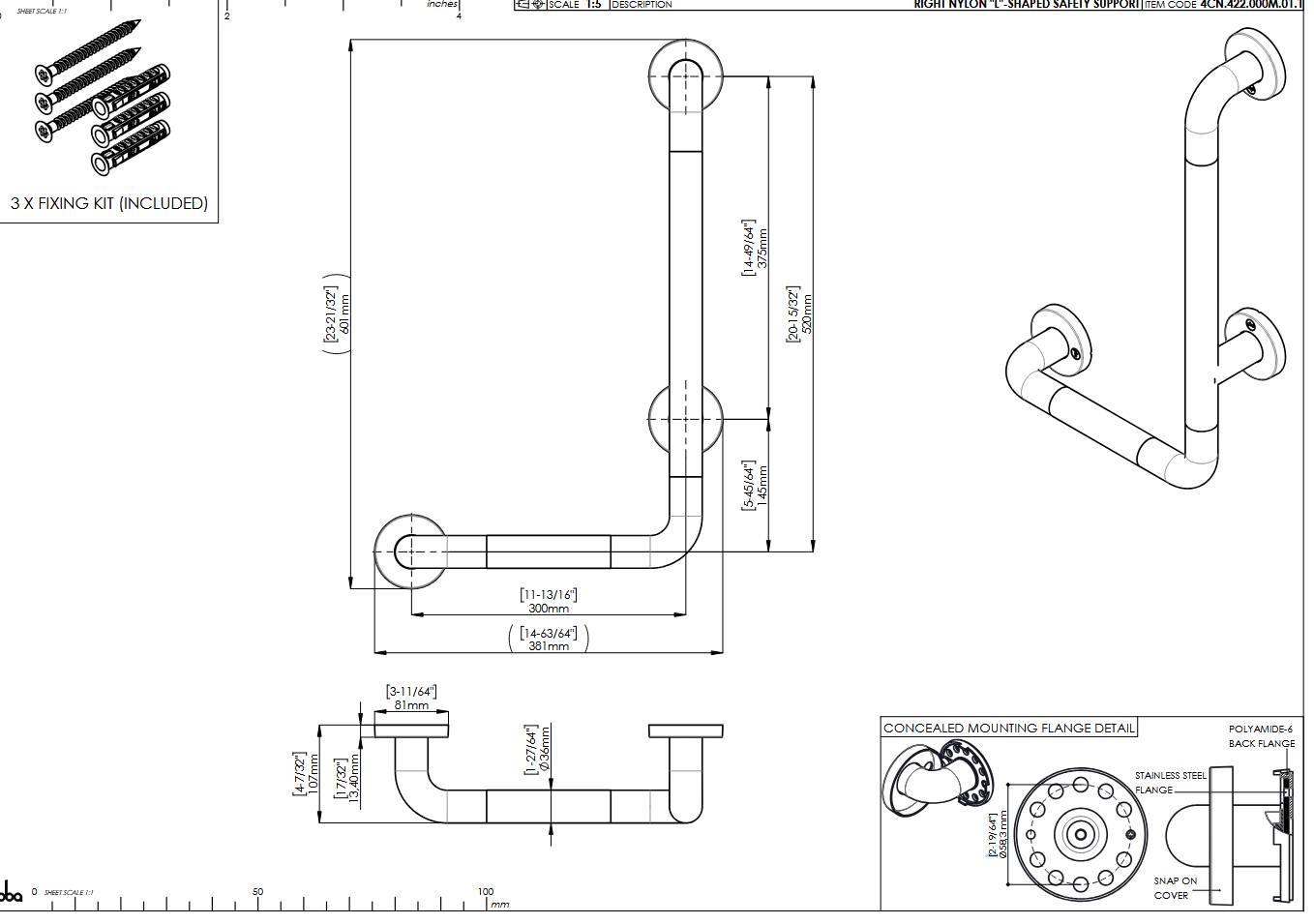 pba 01 Haltegriff rechts 300x520mm, L-Form, aus Nylon