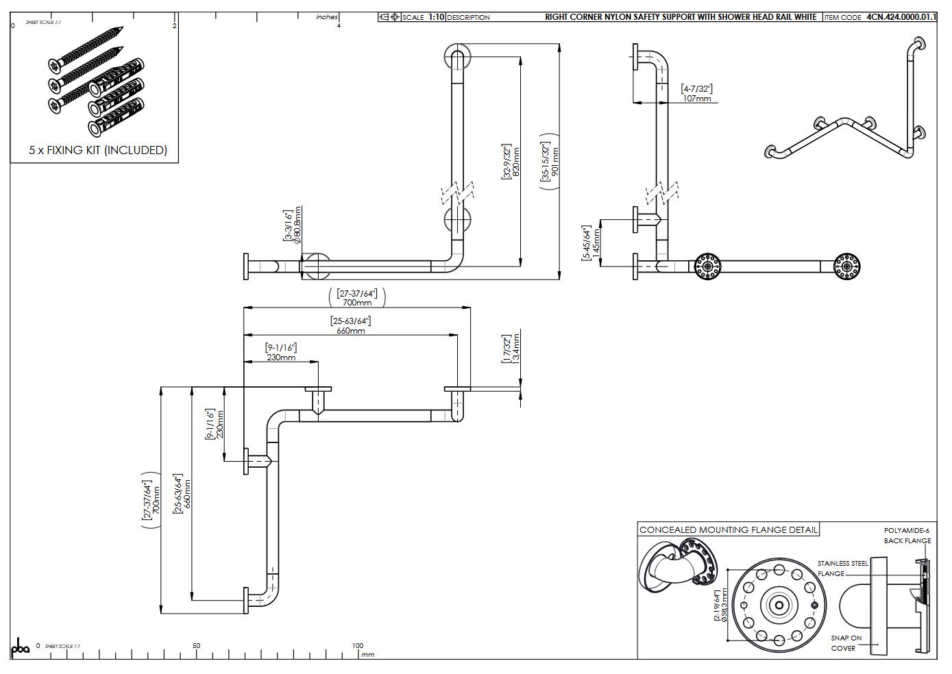 pba 01 Duschhandlauf rechts 660x660mm, aus Nylon, mit Brausehalterstange 820mm