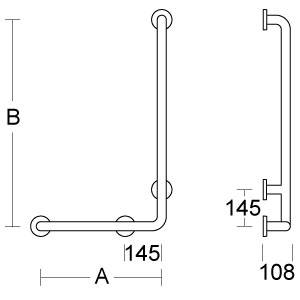 Technisches Diagramm einer L-förmigen Handlauf- oder Stützstange mit Beschriftungen der Abmessungen A, B, 145 und 108, die die Gesamtgröße und den Abstand der Halterungen angeben.