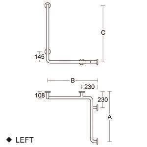Technisches Diagramm, das einen linksseitig gebogenen Metallstab mit den Dimensionen A, B, C zeigt, mit Maßen von 145, 108 und 230 mm und der Ausrichtung „LINKS