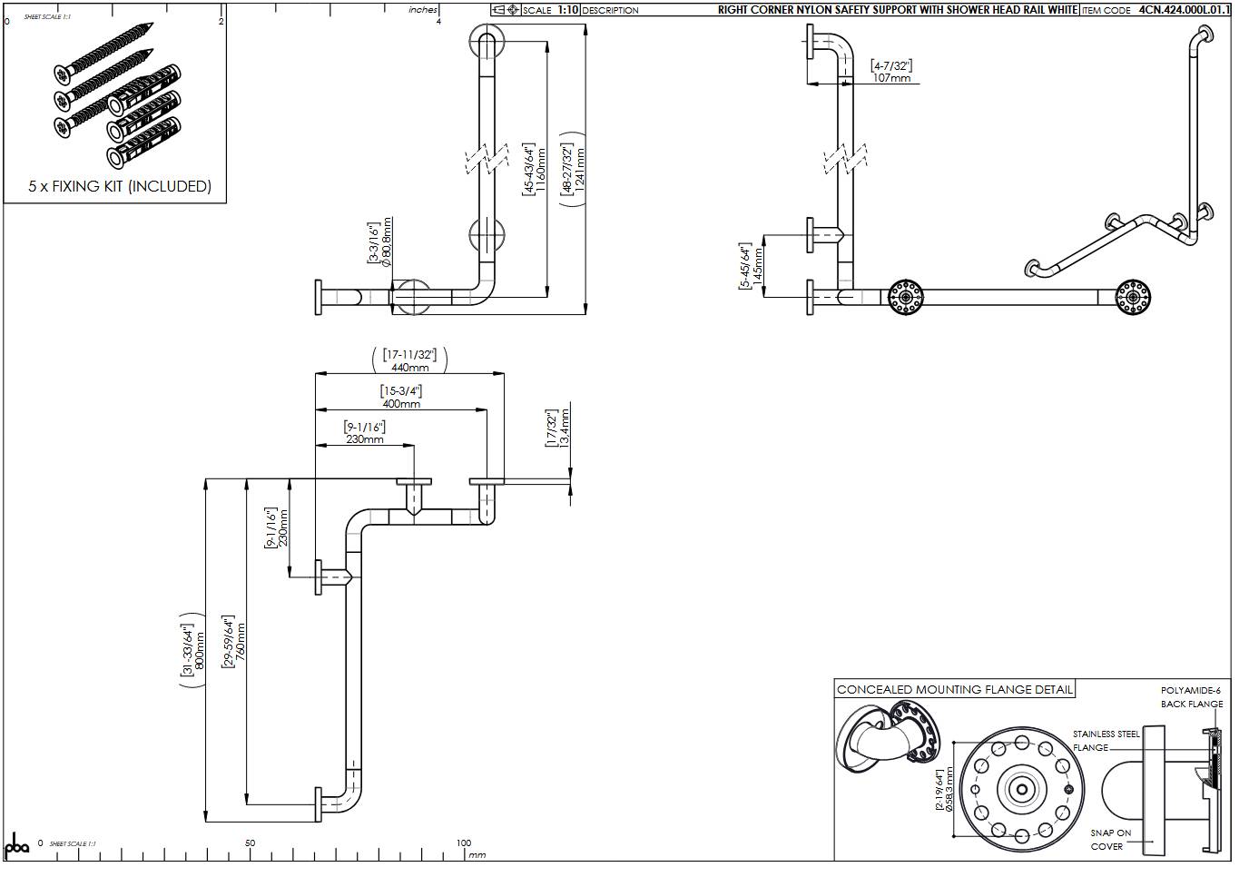 pba 01 Duschhandlauf rechts 760x400mm, aus Nylon, mit Brausehalterstange 1160mm