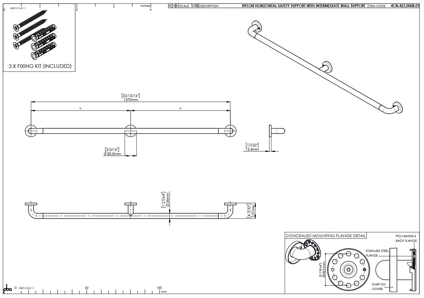 pba 01 Haltegriff waagerecht mit, Mittelstütze aus Nylon, 1370mm