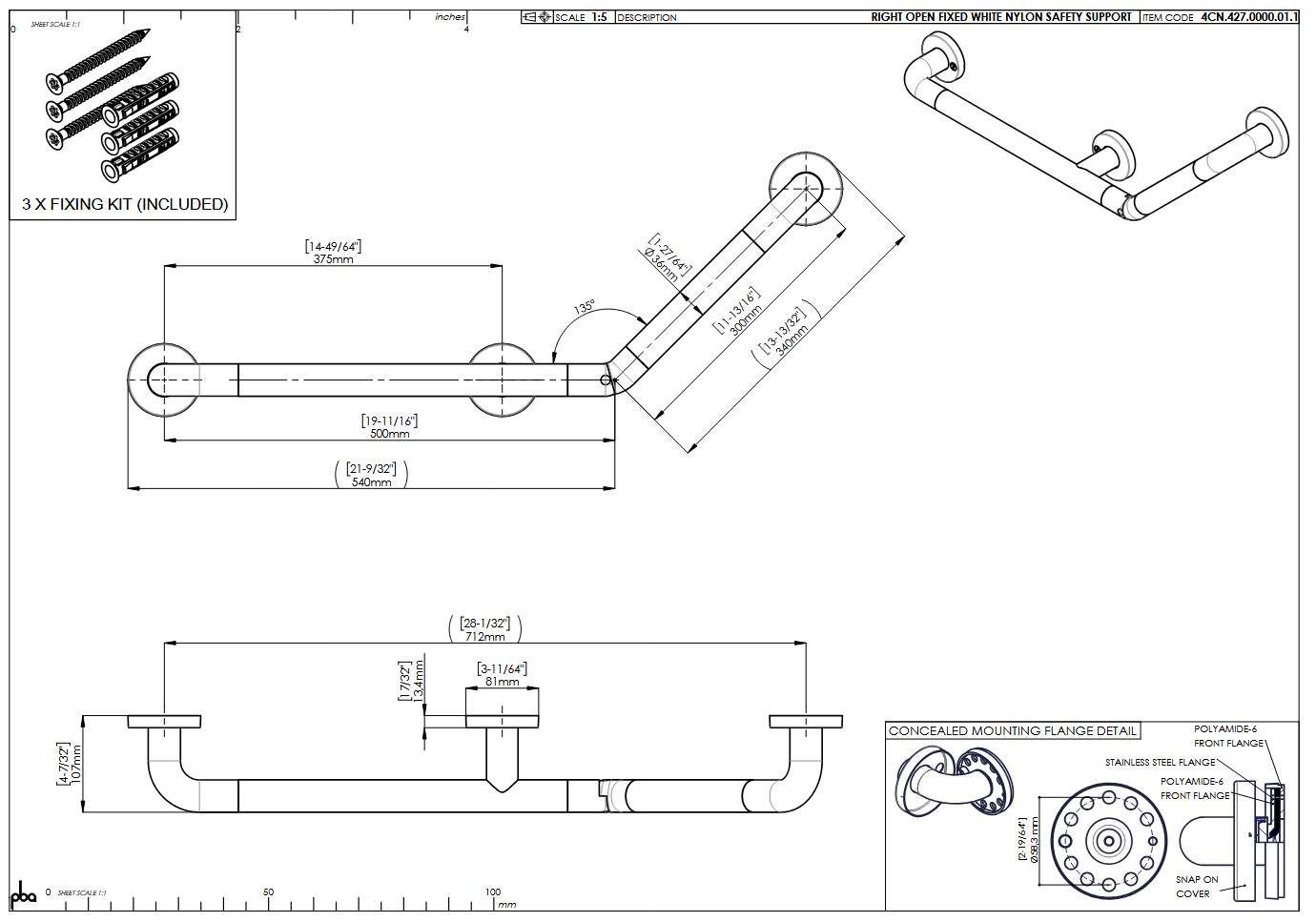 pba 01 Winkelgriff R 135Gr, 500x300mm, aus Nylon