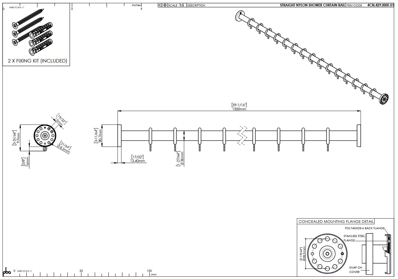 pba 01 Duschvorhangstange 1500mm aus Nylon