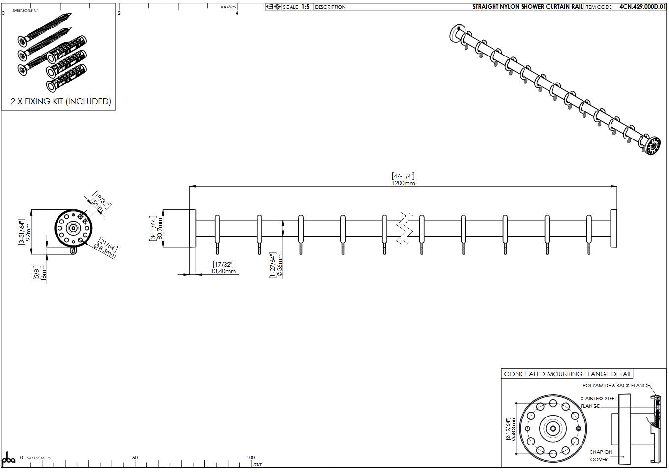 pba 01 Duschvorhangstange 1200mm aus Nylon