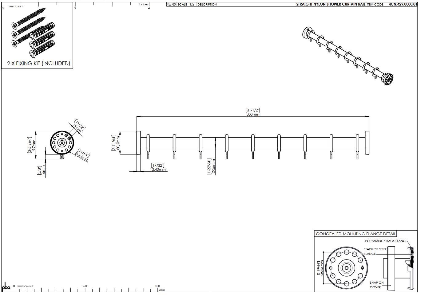 pba 01 Duschvorhangstange gerade 800mm, aus Nylon