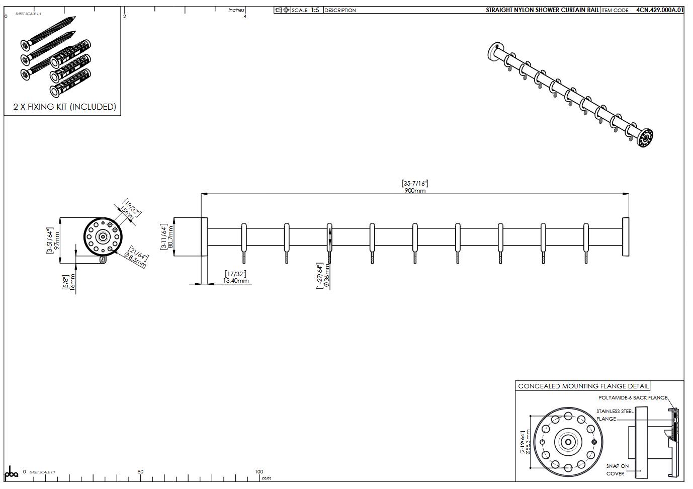 pba 01 Duschvorhangstange 900mm aus Nylon