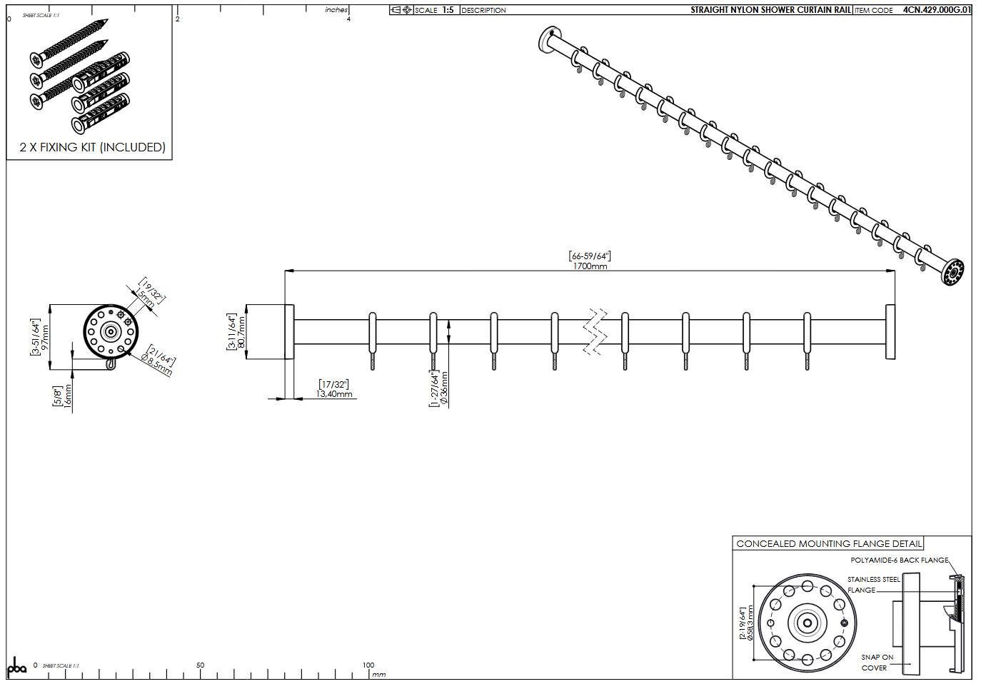 Technische Zeichnung einer Treppenhandlauf mit verdeckter Montageflansch-Details und enthaltenem Befestigungsset, mit Abmessungen und Installationsteilen.