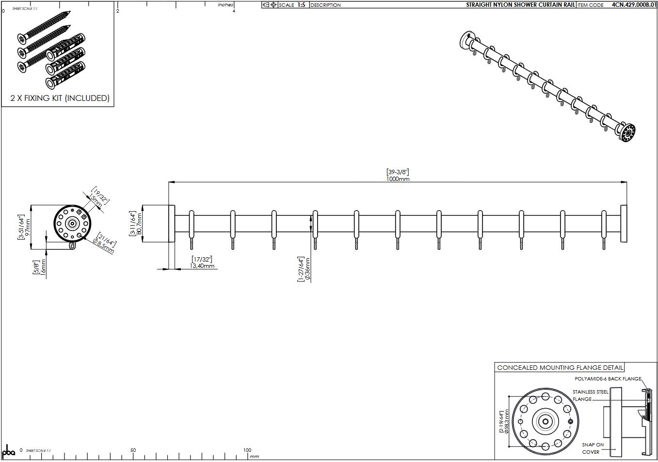 pba 01 Duschvorhangstange 1000mm aus Nylon