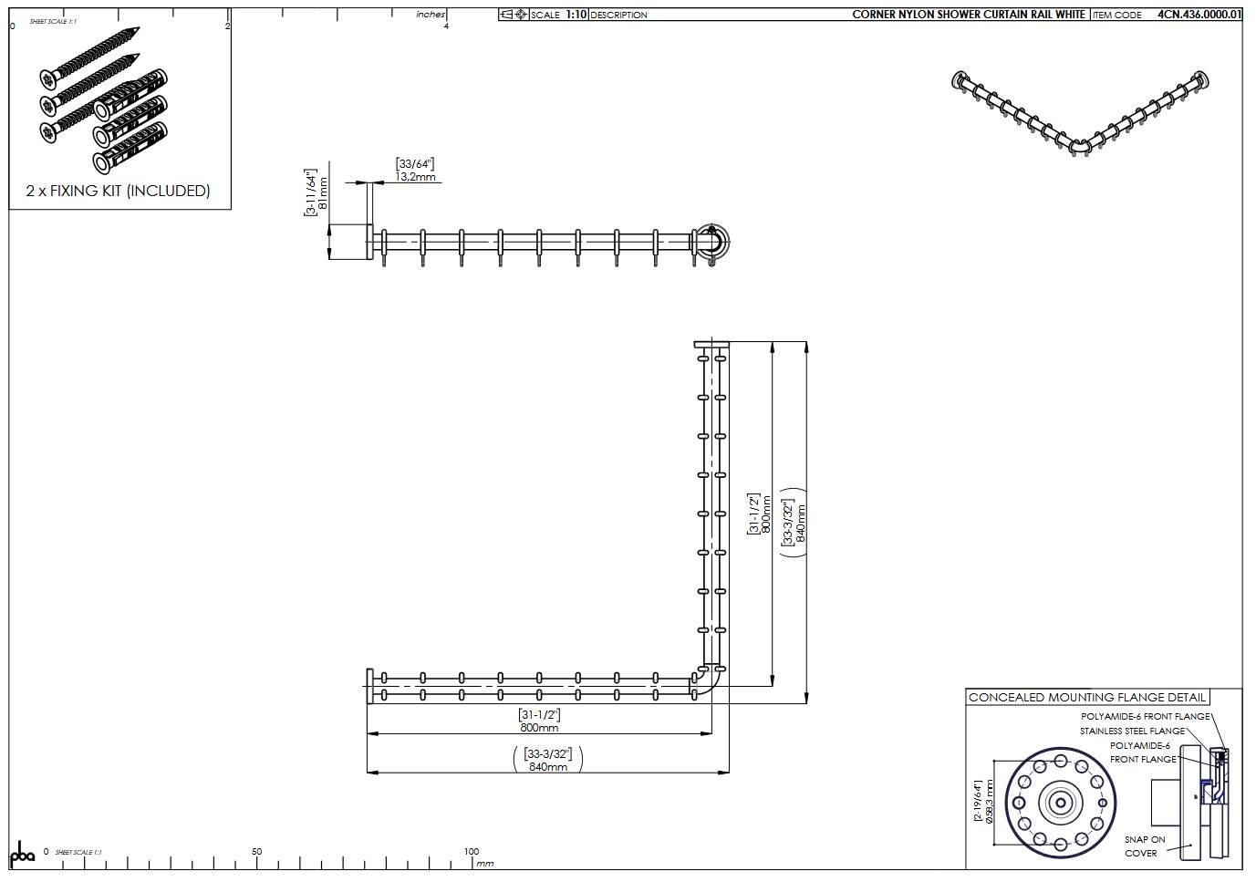 pba 01 Duschvorhangstange, 800x800mm L- Form, aus Nylon