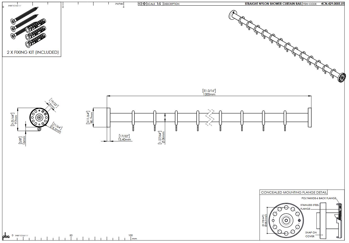 pba 01 Duschvorhangstange 1300mm aus Nylon