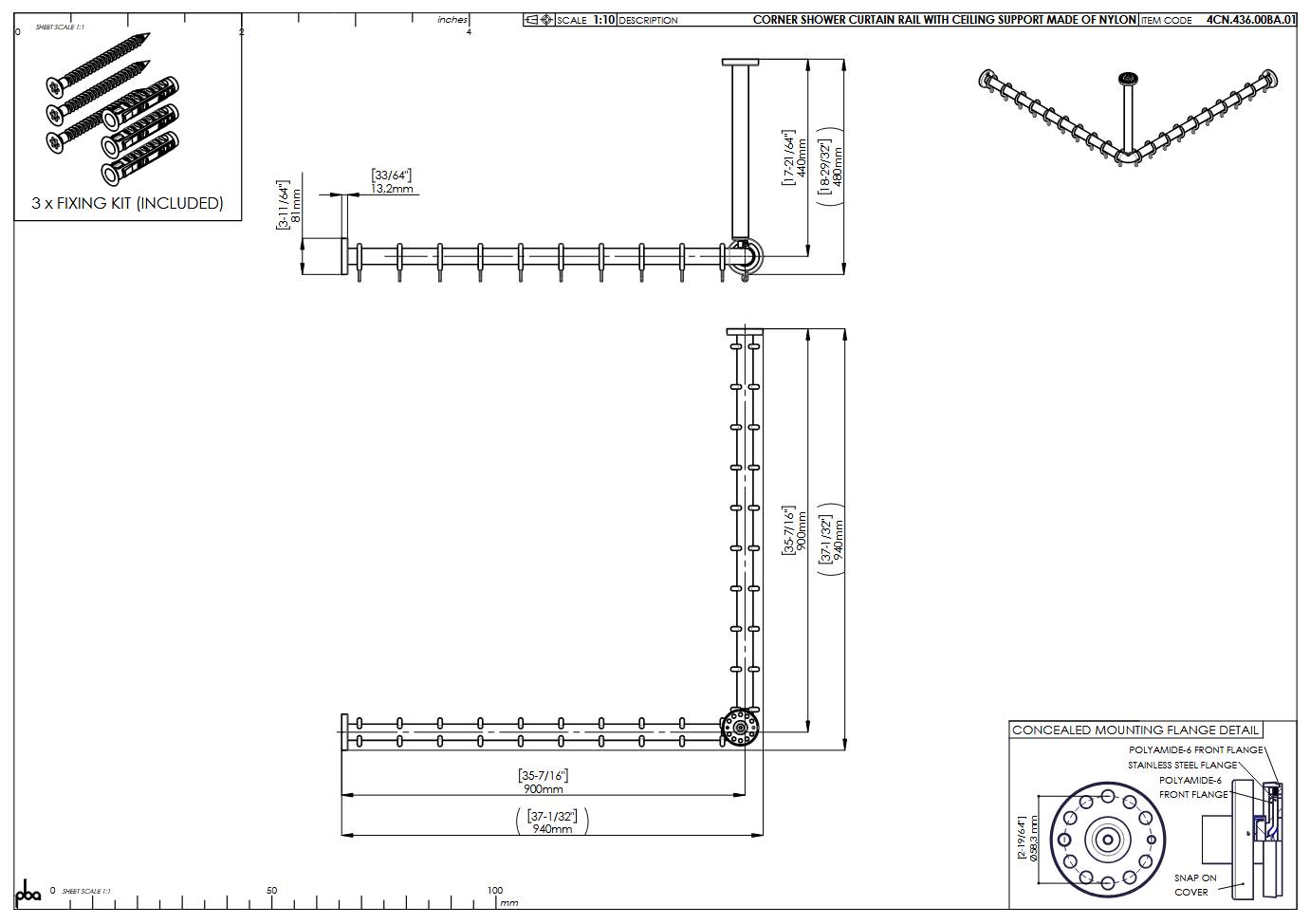 pba 01 Duschvorhangstange, 900x900x440mm L- Form mit DA aus Nylon