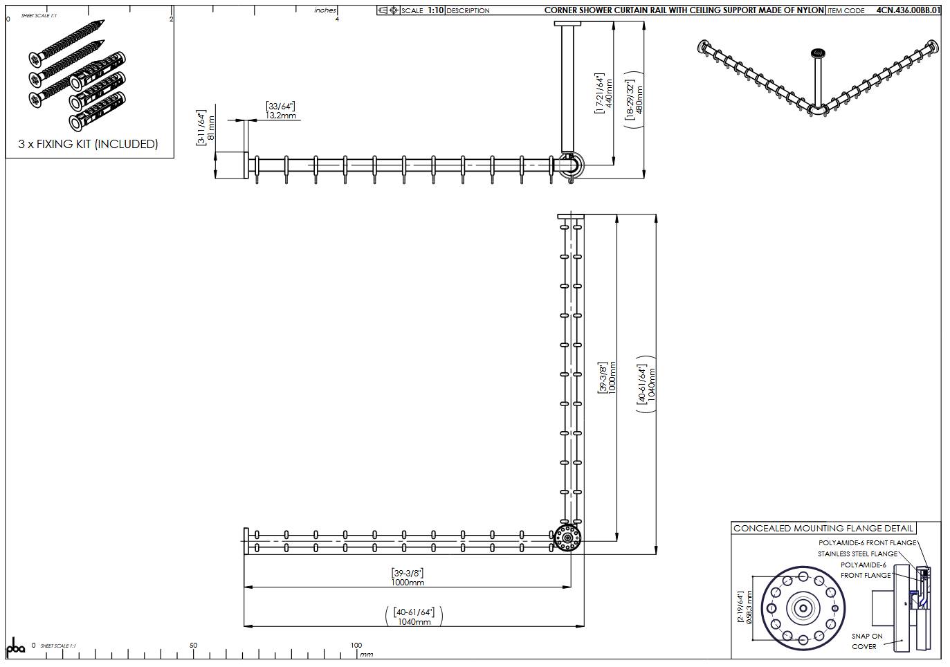 pba 01 Duschvorhangstange, 1000x1000 X440mm L- Form mit DA aus Nylon