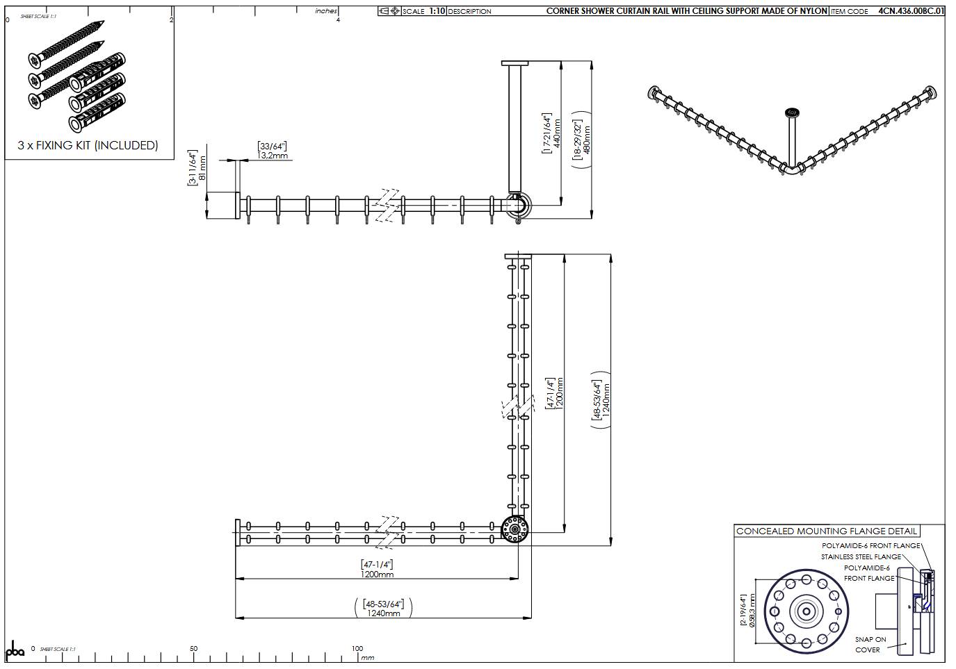 pba 01 Duschvorhangstange, 1200x1200 X440mm L- Form mit DA aus Nylon