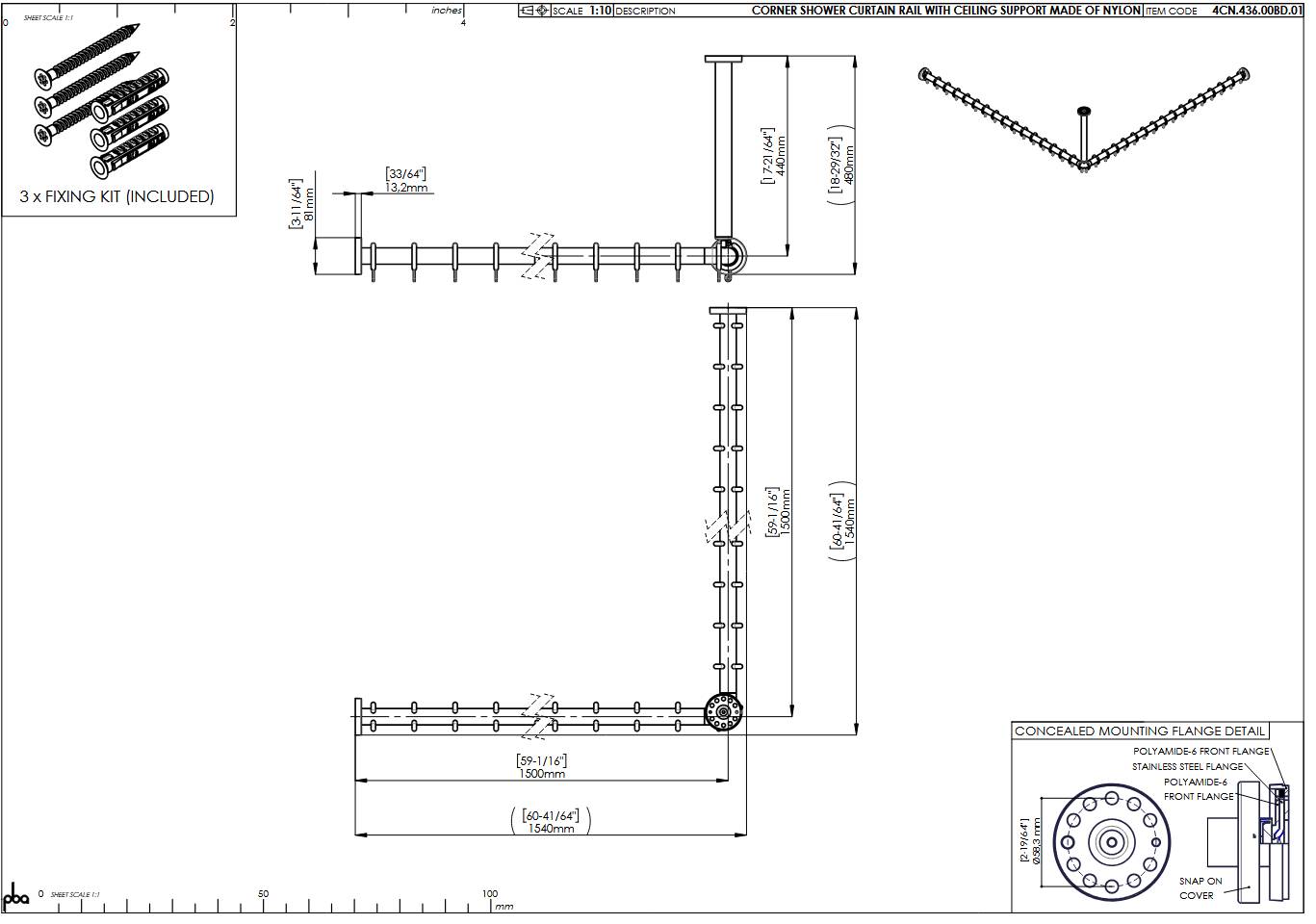 pba 01 Duschvorhangstange, 1500x1500 X440mm L- Form mit DA aus Nylon