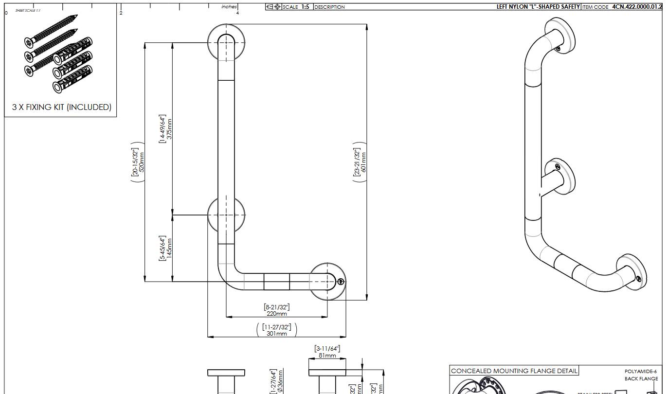 pba 01 Haltegriff links 400x1160mm, L-Form, aus Nylon