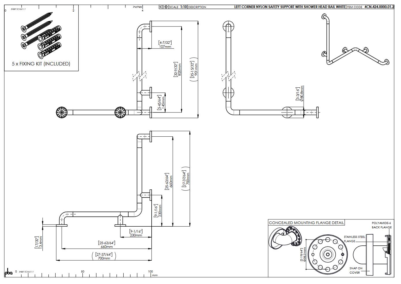 pba 01 Duschhandlauf links 660x660mm, aus Nylon, mit Brausehalterstange 820mm