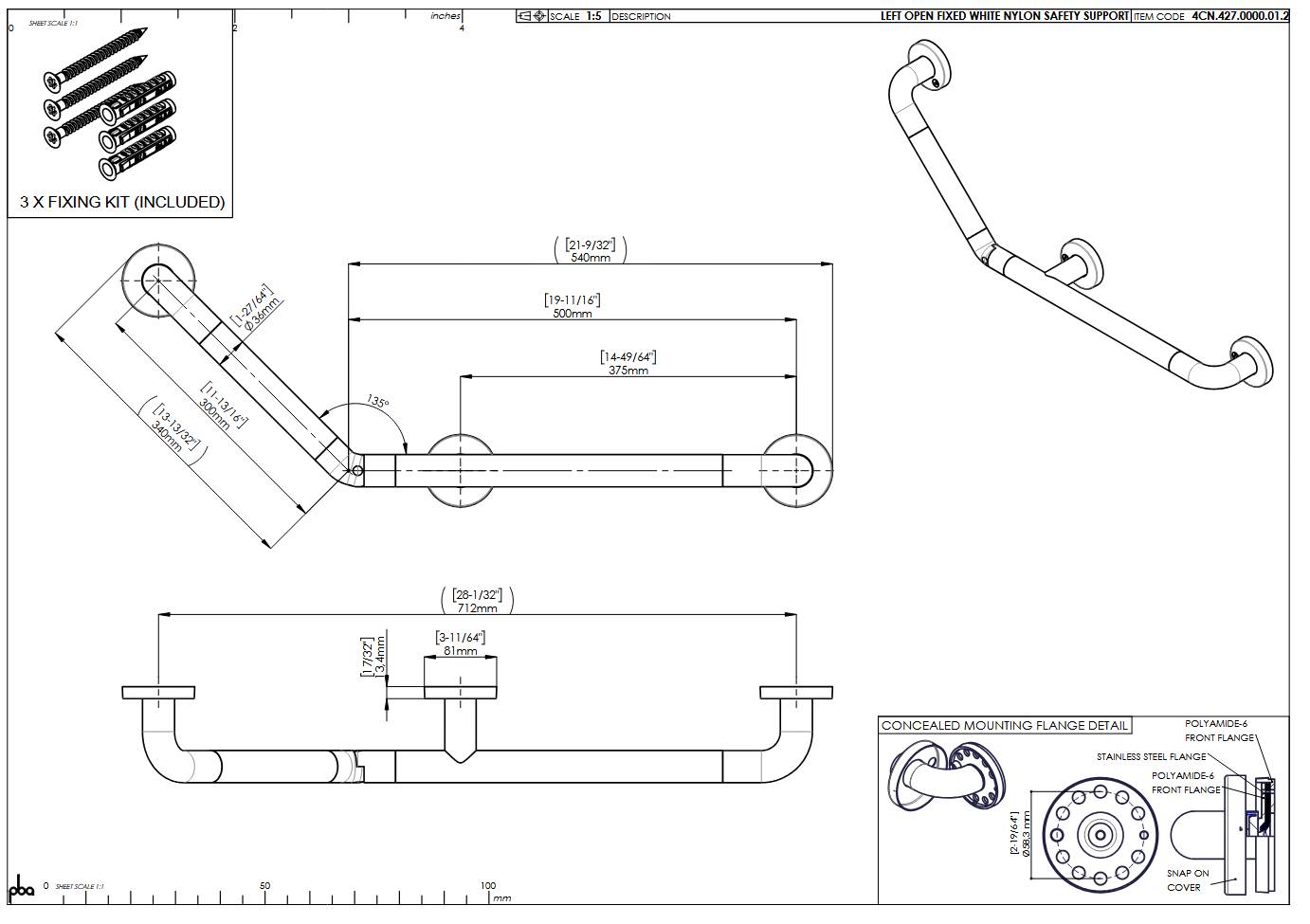 pba 01 Winkelgriff L 135Gr, 500x300mm, aus Nylon