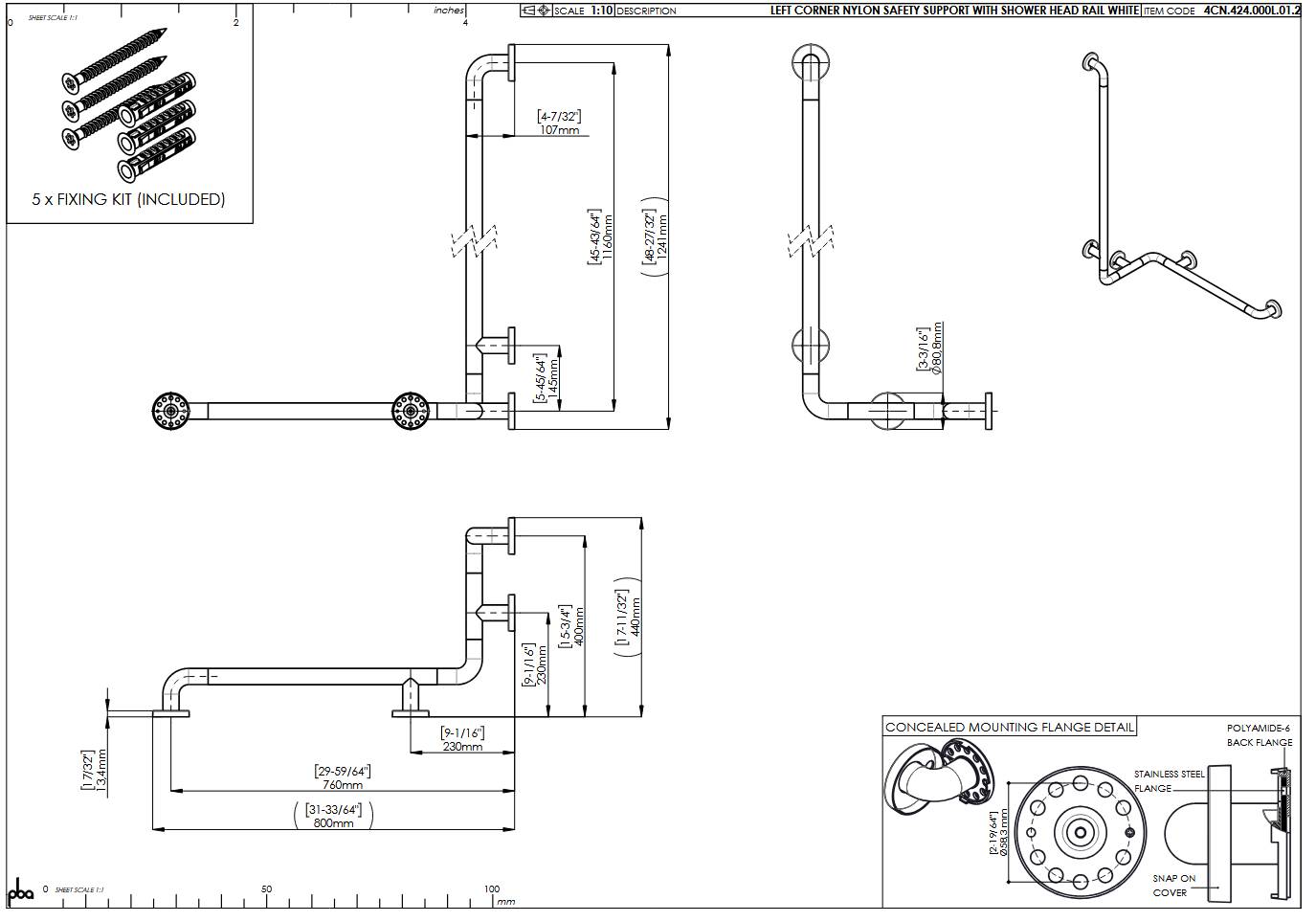 pba 01 Duschhandlauf links 760x400mm, aus Nylon, mit Brausehalterstange 1160mm