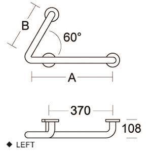 Diagramm eines nach links abgewinkelten Stabs oder Griffs mit den Abmessungen A und B, einem 60°-Winkel, einer Länge von 370 und einer Höhe von 108.