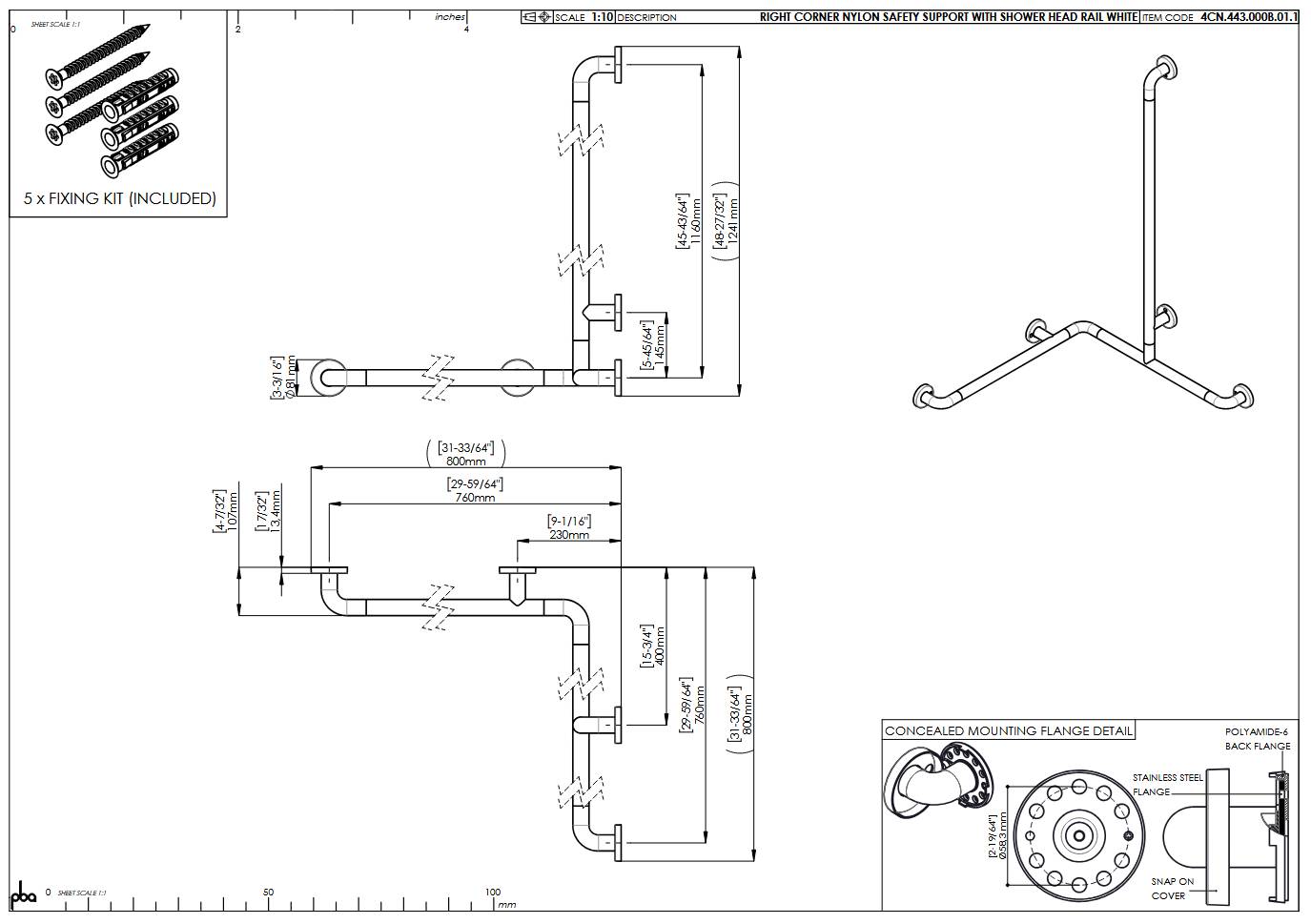 pba 01 Duschhandlauf R 760x760, Brausehalterstange 1160mm, aus Nylon