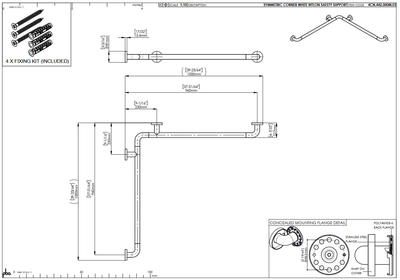 Technisches Installationsdiagramm eines Treppenhandlaufs mit Abmessungen, Wandbefestigungsstellen, Befestigungssatz und Details der verdeckten Montageflansch.