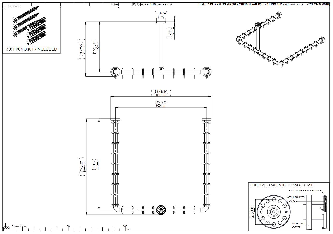 pba 01 Duschvorhangstange, U 800x800 X440mm U- Form mit DA aus Nylon