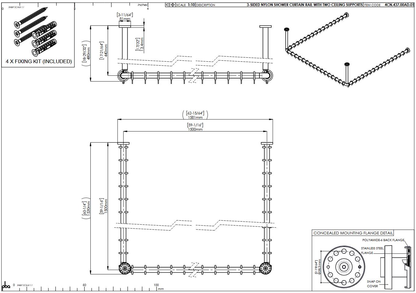 pba 01 Duschvorhangstange, U 1500x1500mm U- Form mit 2 DA 440mm aus Nylon