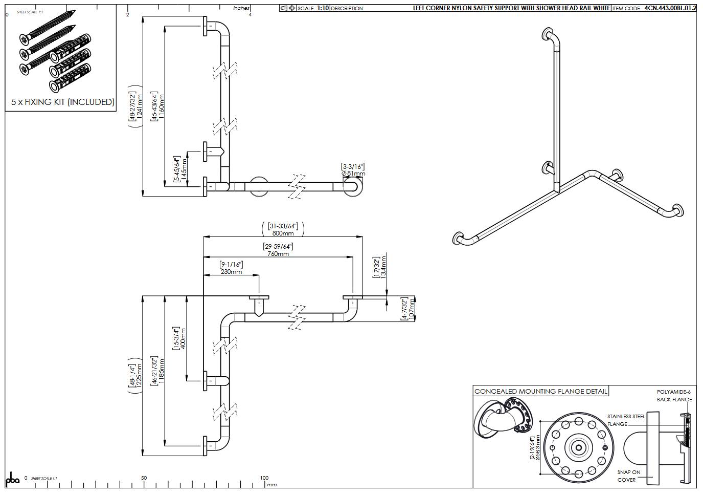 pba 01 Duschhandlauf L 760x1185, Brausehalterstange 1160mm, aus Nylon