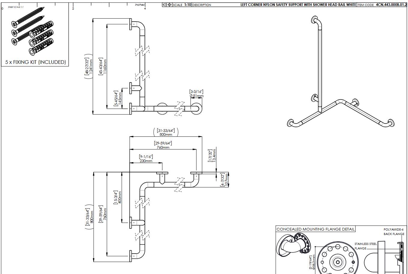 pba 01 Duschhandlauf L 760x760, Brausehalterstange 1160mm, aus Nylon
