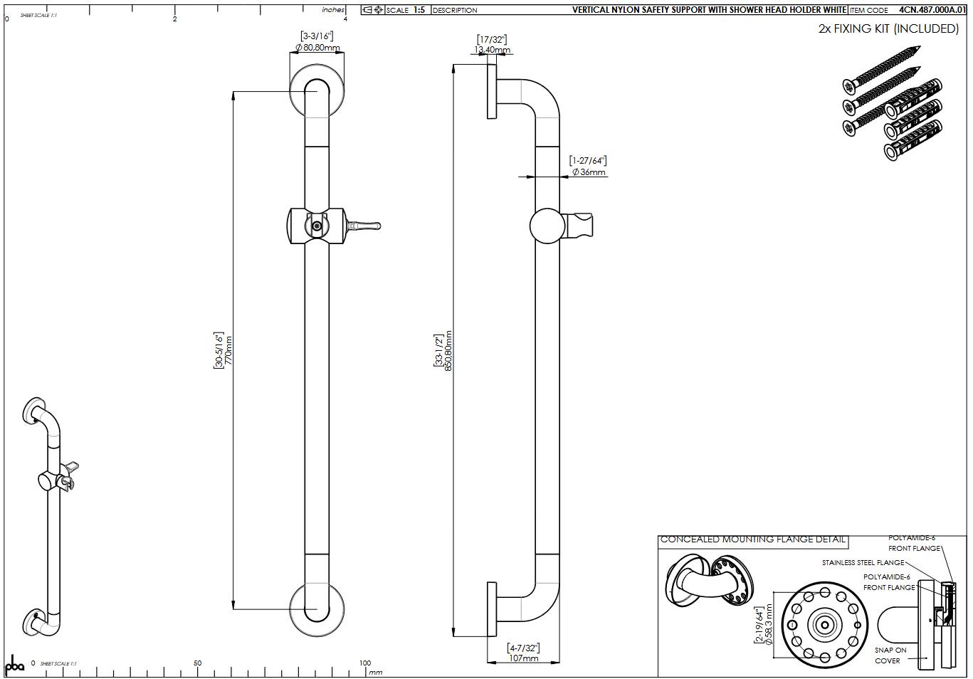 pba 01 Brausehalterstange 770mm aus Nylon, mit Brausehalter