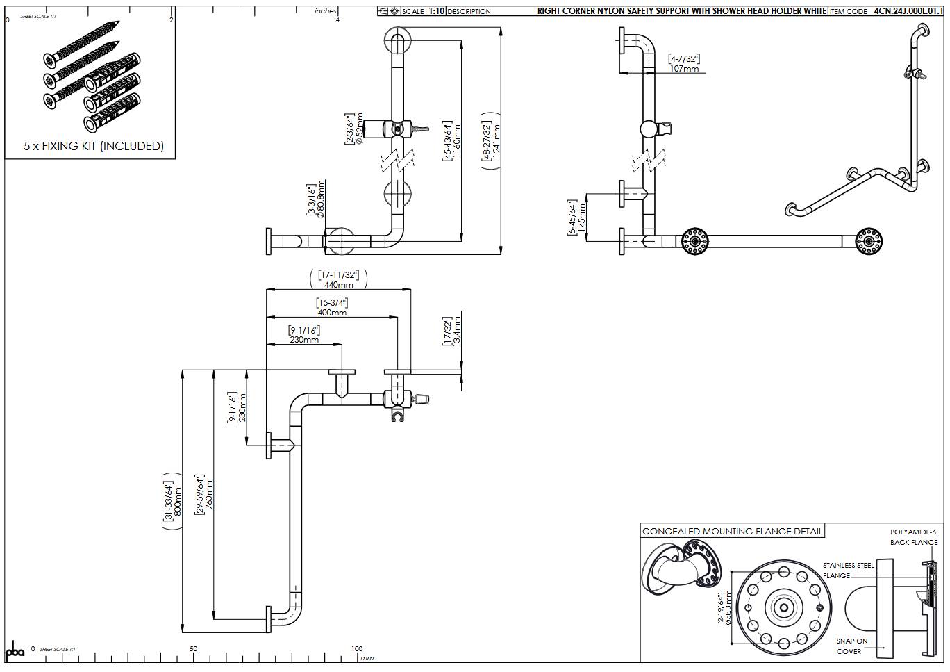 Technische Zeichnung einer wandmontierten Haltestange mit mehreren Installationsansichten, Abmessungen und verdecktem Flanschdetail; enthält ein 5-teiliges Befestigungssortiment.