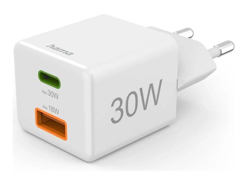 Weiß 30W Wandladegerät mit einem USB-C-Anschluss und einem USB-A-Anschluss, gezeigt mit europäischen Stecker-Kontakten.