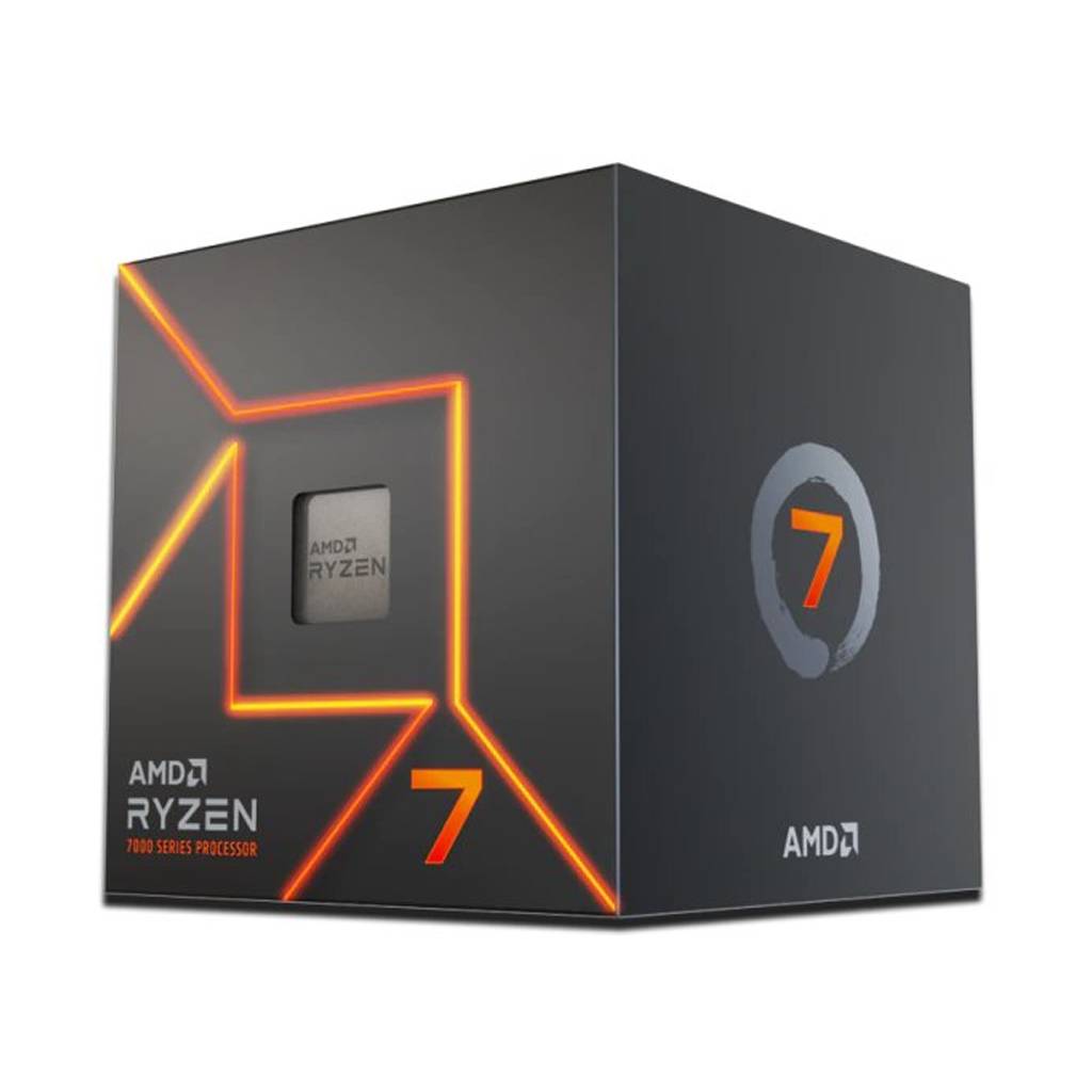 AMD Ryzen 7 Prozessor Verkaufsverpackung, dunkelgrau mit orangefarbigen geometrischen Akzenten und einer großen „7