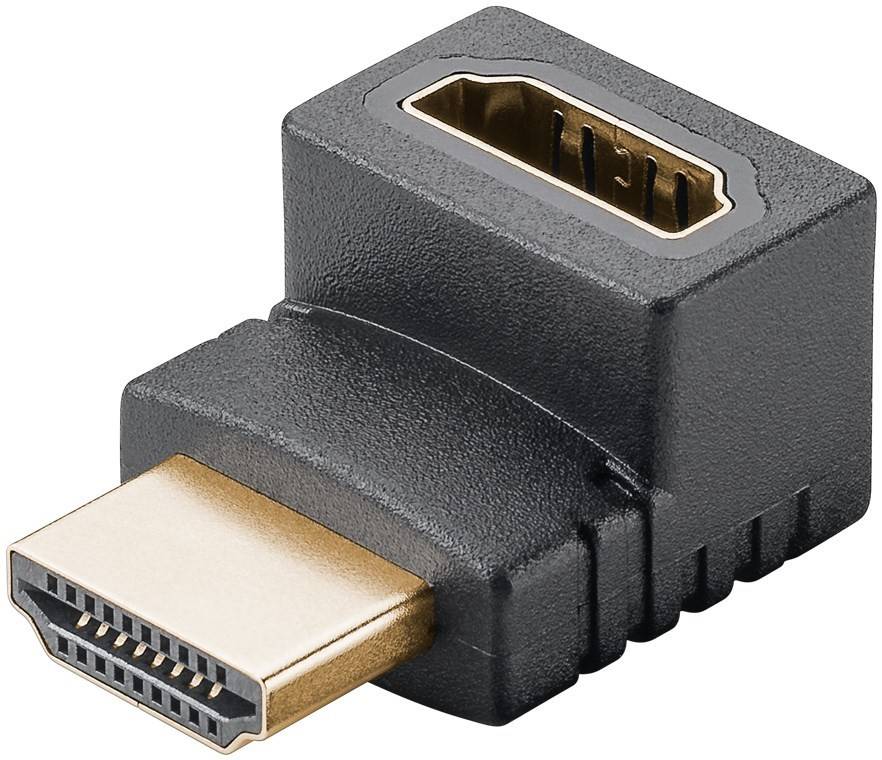 Rechtwinkliger HDMI-Adapter mit goldbeschichtetem Anschluss, entwickelt zum Anschluss von HDMI-Kabeln in beengten Räumen und mit kompakter Bauweise.