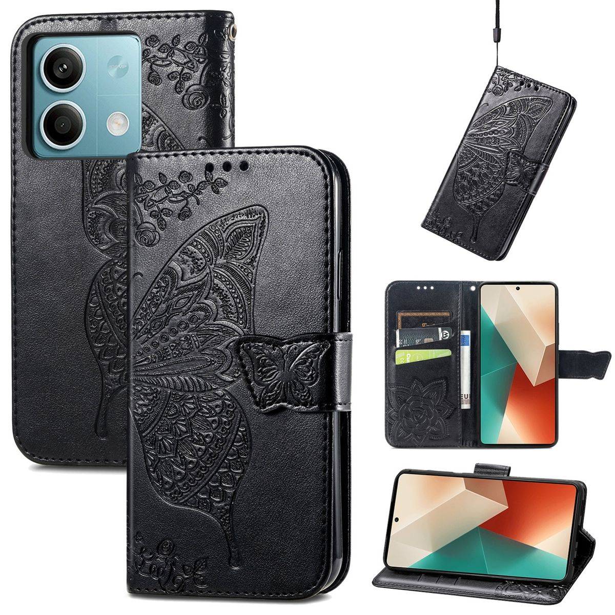 Für Xiaomi Redmi Note 13 Kunstleder Wallet Handy Tasche Schmetterling Design Schutz Hülle Case Cover Etuis Schwarz