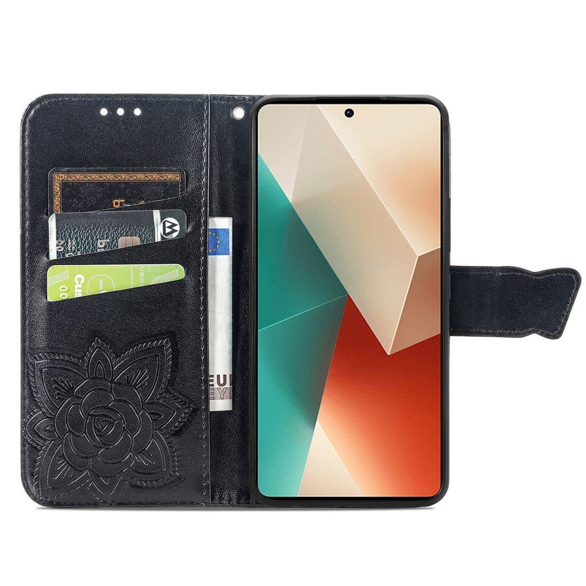 Für Xiaomi Redmi Note 13 Kunstleder Wallet Handy Tasche Schmetterling Design Schutz Hülle Case Cover Etuis Schwarz