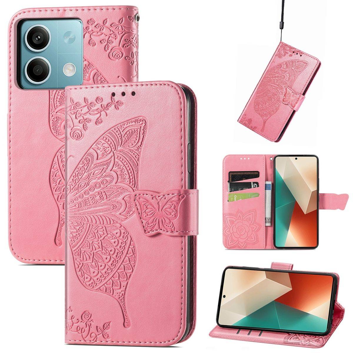 Für Xiaomi Redmi Note 13 Kunstleder Wallet Handy Tasche Schmetterling Design Schutz Hülle Case Cover Etuis Pink