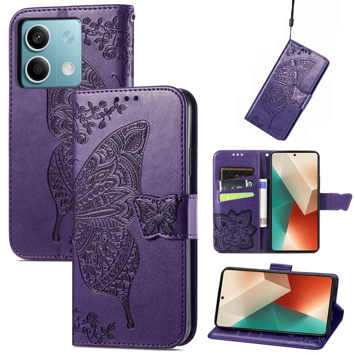 Für Xiaomi Redmi Note 13 Kunstleder Wallet Handy Tasche Schmetterling Design Schutz Hülle Case Cover Etuis Lila