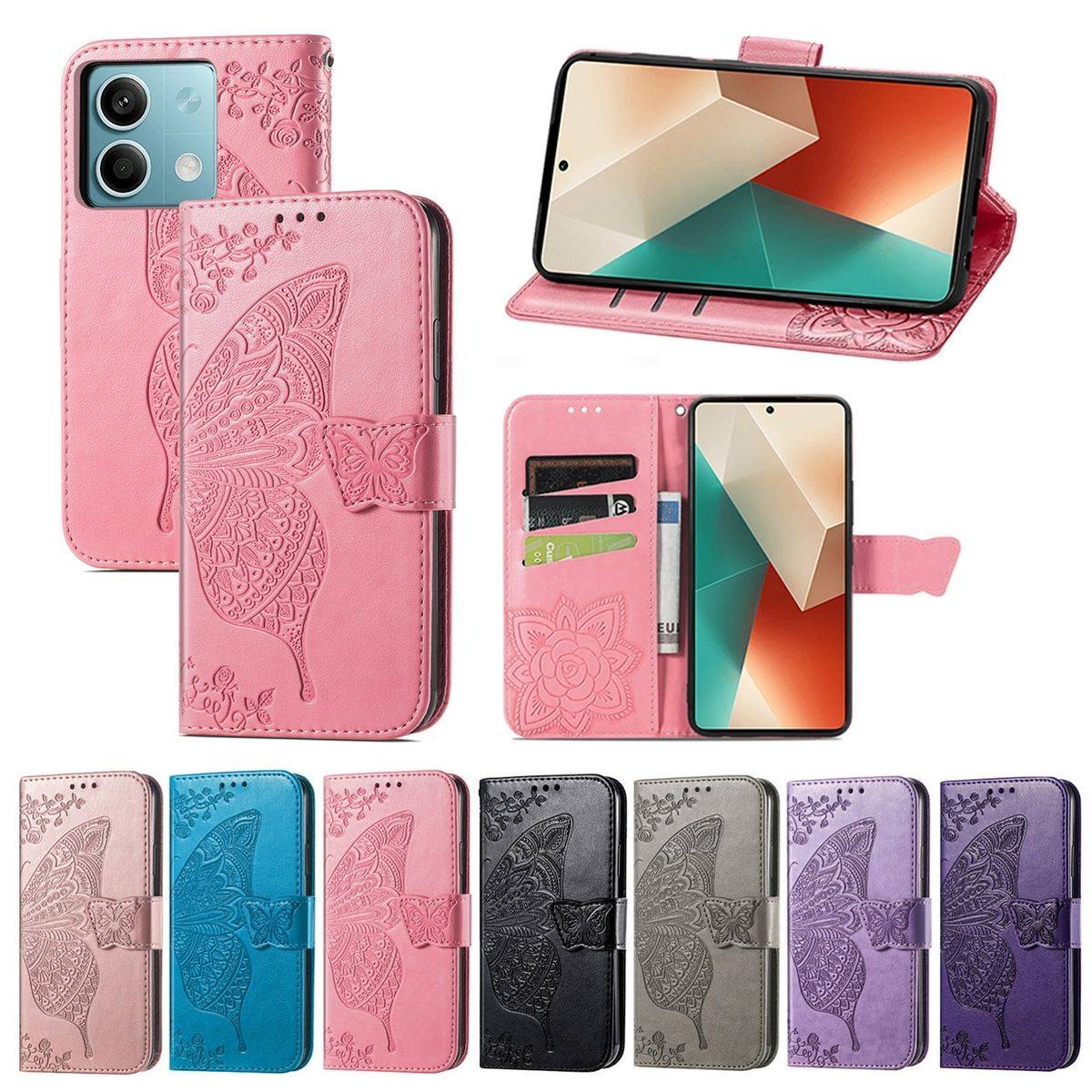 Für Xiaomi Redmi Note 13 Kunstleder Wallet Handy Tasche Schmetterling Design Schutz Hülle Case Cover Etuis Lila