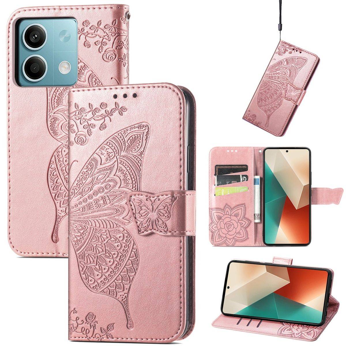 Für Xiaomi Redmi Note 13 Kunstleder Wallet Handy Tasche Schmetterling Design Schutz Hülle Case Cover Etuis Rosa