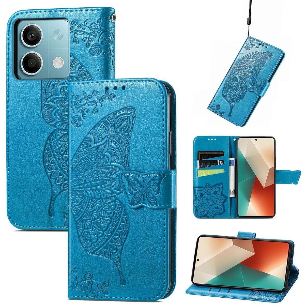 Für Xiaomi Redmi Note 13 Kunstleder Wallet Handy Tasche Schmetterling Design Schutz Hülle Case Cover Etuis Blau
