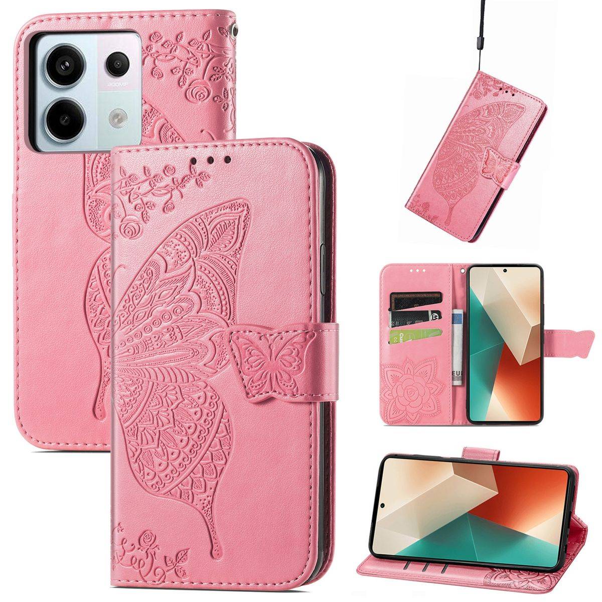 Für Xiaomi Redmi Note 13 Pro / Poco X6 Kunstleder Wallet Handy Tasche Schmetterling Design Schutz Hülle Pink
