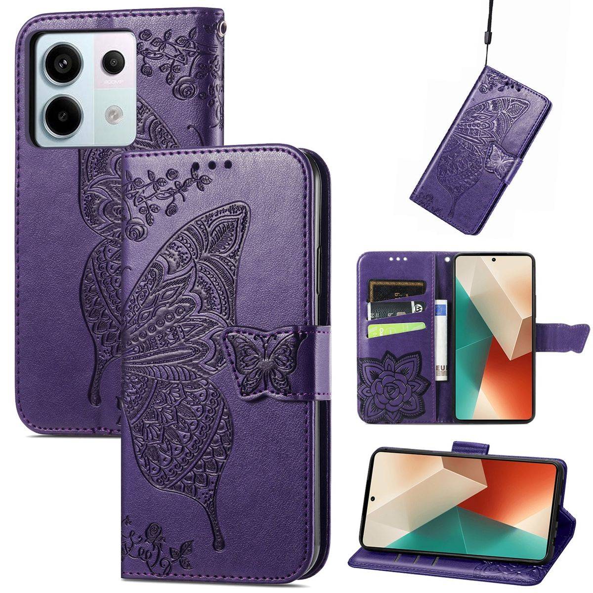 Für Xiaomi Redmi Note 13 Pro / Poco X6 Kunstleder Wallet Handy Tasche Schmetterling Design Schutz Hülle Lila
