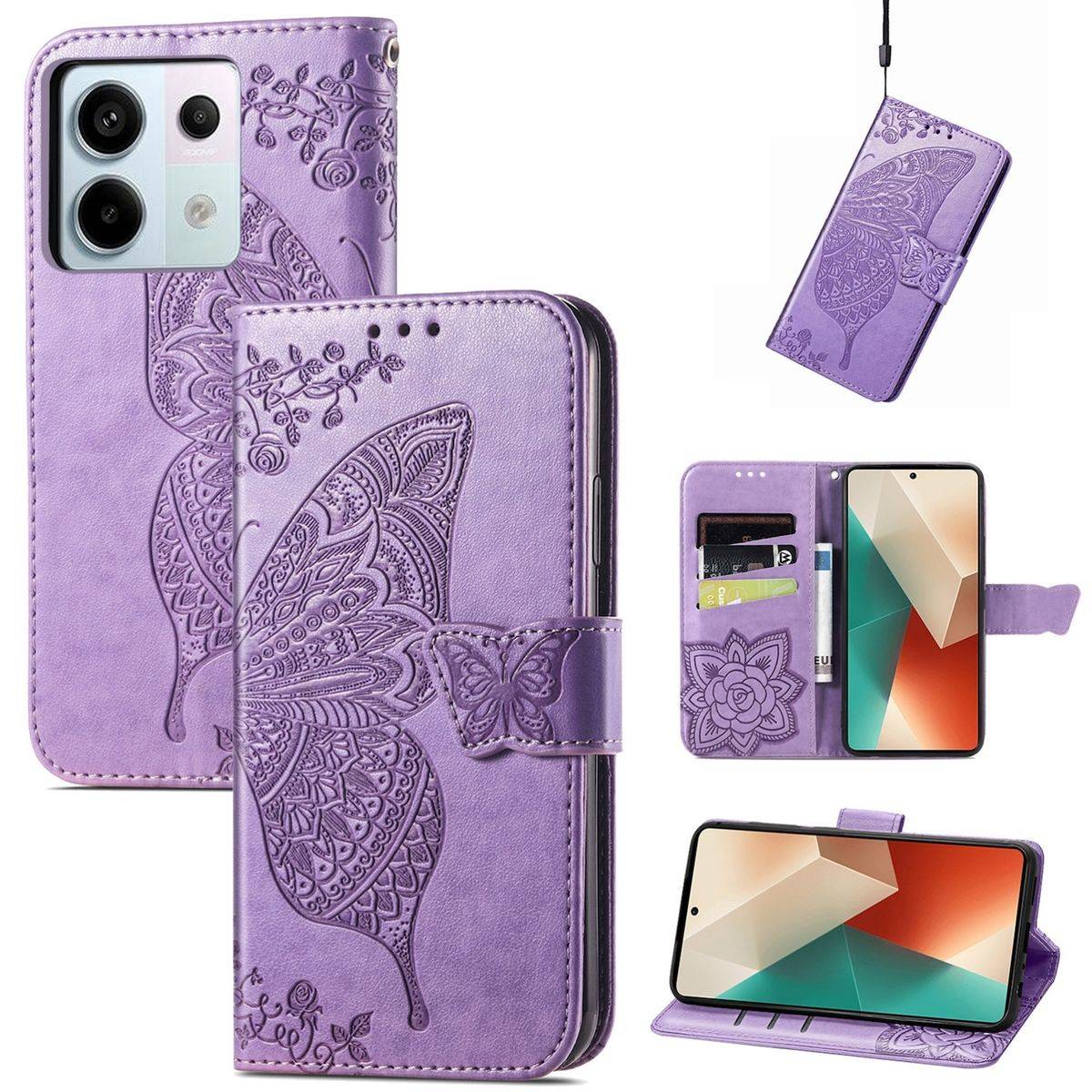 Für Xiaomi Redmi Note 13 Pro / Poco X6 Kunstleder Wallet Handy Tasche Schmetterling Design Schutz Hülle Hell-Lila
