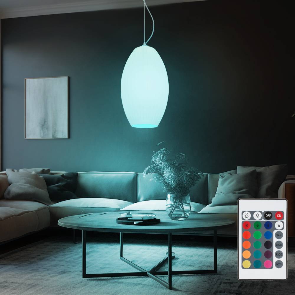 Hängeleuchte Pendellampe Pendelleuchte Schirmleuchte, Fernbedienung dimmbar Memory Funktion, Metall Glas gestreift weiß opal nickel matt, RGB LED